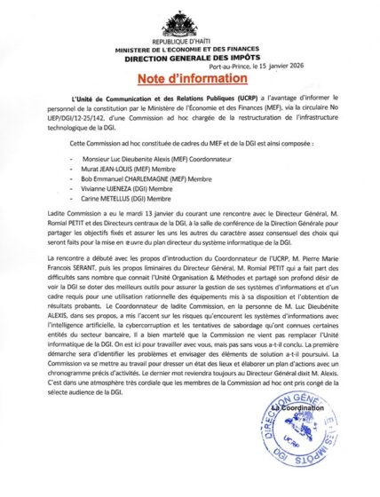 NOTE D&rsquo;INFORMATION